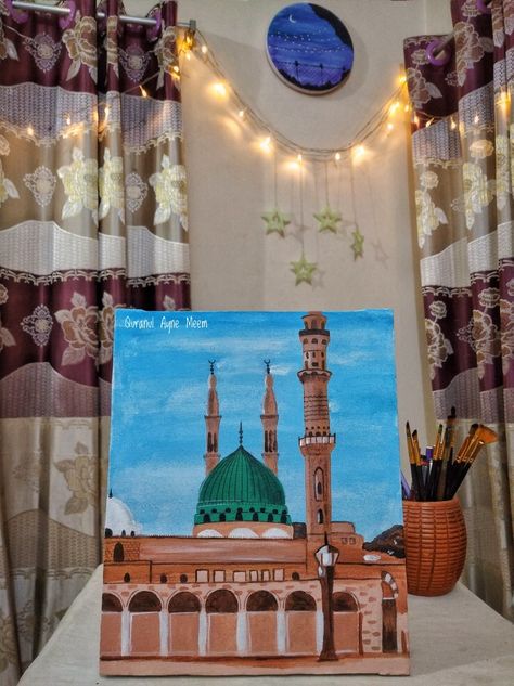 Masjid Nabawi Painting, Mosque Painting, Saudi Art, Nabawi Mosque, Canvas Art Easy, Diy Canvas Art Easy, Quran Journal, Arabic Calligraphy Painting, Islamic Art Canvas