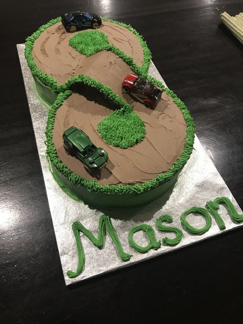 Race Track 8th Birthday cake for Mason (Women’s Weekly Cake Book inspired) Race Track Cake Ideas, Number 8 Race Track Cake, 5 Race Track Cake, Hot Wheels Cake With Track, Number 5 Monster Truck Cake, Race Track Cake, Donut Cakes, Road Cake, Cake Book