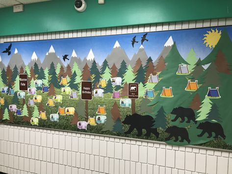 The Great Outdoors Bulletin Board Ideas, Winter Forest Bulletin Boards, Wildlife Bulletin Board Ideas, National Parks Bulletin Board, Camping Theme School Hallway, Forest Theme Bulletin Board Ideas, Hiking Bulletin Board, Let The Adventure Begin Bulletin Board, National Park Classroom Decor