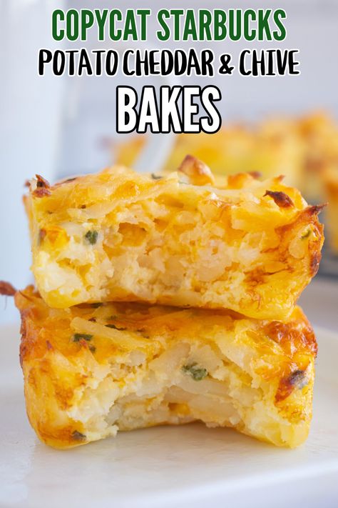 Copycat Starbucks Potato Cheddar and Chive Bakes - Make the Best of Everything Egg And Potato Bites, Starbucks Potato Bites, Bite Size Breakfast Ideas, Sides For Breakfast, Starbucks Breakfast, Starbucks Egg Bites, Egg Bites Recipe, Copycat Starbucks, Copycat Starbucks Recipes