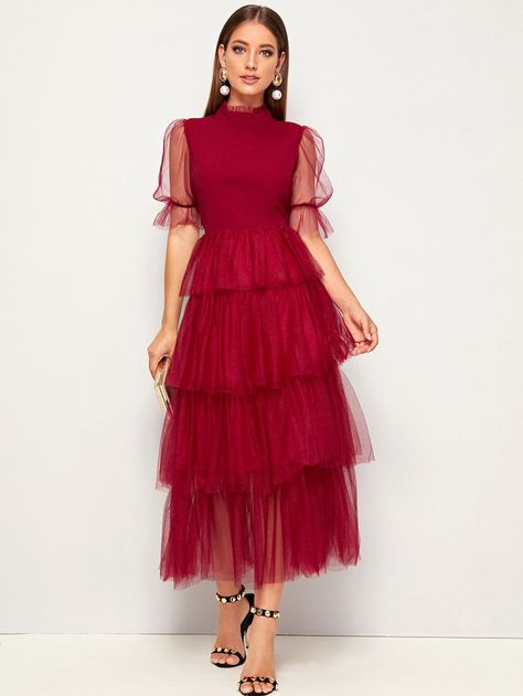 Mock-Neck Puff Sleeve Tiered Layered Mesh Hem Dress | SHEIN USA Tired Tulle Dress, Pleated Cocktail Dress, Stand Collar Dress, Layer Dress, Looks Chic, Hem Dress, Tiered Dress, Collar Dress, Mesh Dress