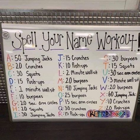 Your Name Workout, Ig Names, Name Workout, Spell Your Name Workout, Hit Training, Spanish Fly, Elementary Physical Education, Spell Your Name, Arm Circles