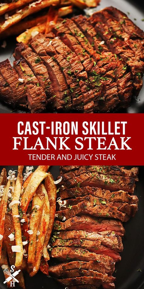 Skillet Flank Steak, Cast Iron Flank Steak, Cast Iron Skillet Steak, Cast Iron Steak, Skirt Steak Recipes, Beef Flank Steak, Beef Flank, Marinated Flank Steak, Flank Steak Recipes