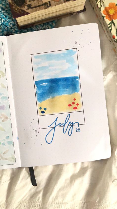 Journal Beach Theme, Beach Bullet Journal, July Bullet Journal Cover, July Bullet Journal, 2024 Bujo, Bulletin Journal, Bullet Journal Cover, Creating A Bullet Journal, Bulletin Journal Ideas