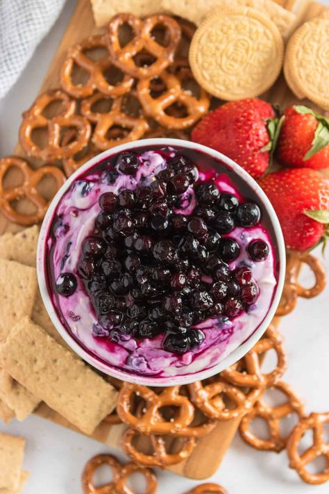 5 Minute Blueberry Cheesecake Dip Blueberry Dip Cream Cheese, Blueberry Dip, Blueberry Cheesecake Dip, Peanut Butter Yogurt Dip, Pumpkin Cream Cheese Dip, Nobake Dessert, Dessert Dip Recipes, No Bake Blueberry Cheesecake, Peanut Butter Yogurt