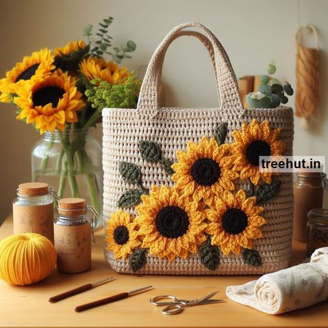 Sunflower Crochet Ideas for Home, Cushions, Bedcover, Grocery Bags Sun Flower Crochet Bag, Knitted Purses And Bags, Sunflower Crochet Ideas, Crochet Bags Ideas, Sunflower Bag Crochet, Sunflower Crochet Bag, Sunflowers Crochet, Crochet Sunflower Bag, Sunflower Crochet Pattern