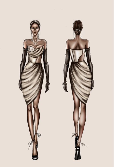 Fashion illustration Front And Back Fashion Illustration, Schiaparelli Illustration, Ferrari Sketch, Collar Illustration, Abstract Fashion Illustration, Dress Illustration Design, Sketch Female, Dubai Dress, Illustration Poses