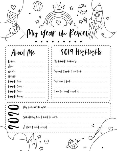 printable black and white My Year in Review which includes and About Me section, 2019 Highlights and 2020 goals Year In Review Printable, Middle School Esl, My Year In Review, New Years With Kids, End Of Year Review, Journal Prompts For Kids, Elementary Curriculum, Printable Black And White, Year Review