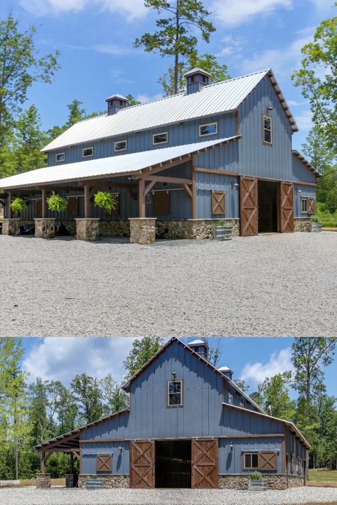 Rustic yet sophisticated, this Great Plains Western Horse Barn located in North Carolina is a showstopper. The stone accents on the exterior and the blue hue of the barn pair perfectly with the post and beam timber frame.