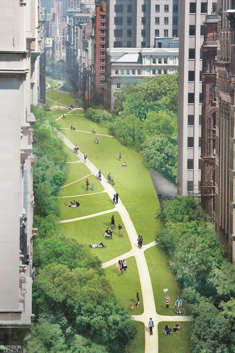 Loop NYC was a 2017 plan that proposed transforming New York roadways into public parks. The brief imagines dedicated micro highways around the perimeter of Manhattan populated with self-driving cars in an electric blue. Above the highways would be pedestrian-accessible outdoor green spaces. “Communities would connect in unexpected ways,” EDG founder John Meyer says, “and the city would be a healthier place.” Villa Architecture, Green Corridor, New Urbanism, Urban Landscape Design, Sustainable City, Urban Park, Green Architecture, Green City, Lower Manhattan