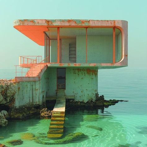 Post Apocalyptic Architecture, Mid Century Architecture Exterior, 70s Architecture Interiors, Beach Shop Design, Solar Punk House, Folly Architecture, 50s Architecture, Solarpunk Architecture, Village Concept Art