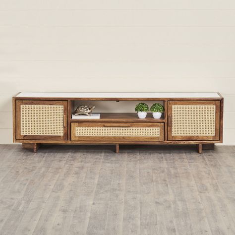 Cane Tv Unit Living Room, Tv Unit Wooden Design, Cane Tv Console, Cane Tv Unit, Wooden Tv Unit Design, Boho Tv Unit, Rattan Tv Unit, Rattan Tv Console, Tv Cabinate