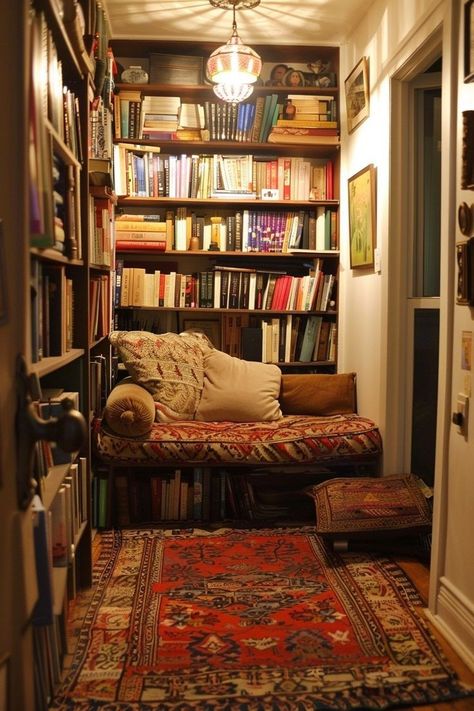 Pretty Library Home, Cozy Living Rooms Bookshelves, Unique Home Aesthetic, Small Cluttered Apartment, Book Filled Room, Cozy House Aesthetic Interior, Unique Pieces Of Furniture, Book Nook Cozy, Closet Library Nook