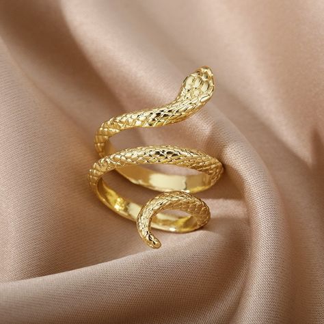 Snake Ring Gold, Boho Rings Gold, Snake Rings, Serpent Ring, Aesthetic Rings, Gold Color Ring, Aesthetic Jewelry, Retro Punk, Snake Jewelry