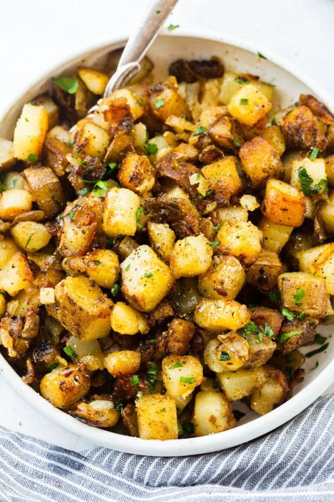 Homefries Recipe, Crispy Home Fries, Home Fries Recipe, Oh Sweet Basil, Skillet Potatoes, Home Fries, Green Beans And Potatoes, Steak Butter, Potato Sides