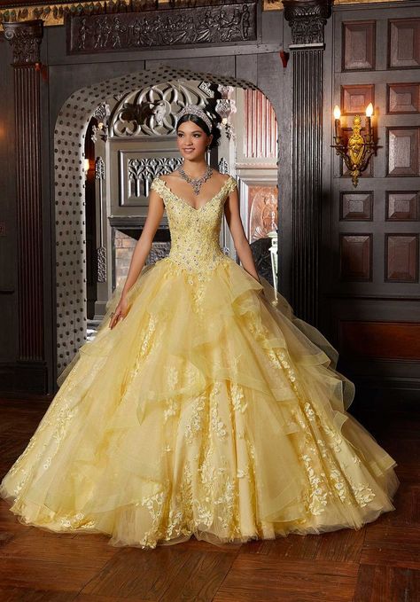 Yellow Quinceanera Dress, Full Tulle Skirt, Quince Dress, Princess Sleeves, Ruffle Fabric, Quinceanera Dress, Mori Lee, Quince Dresses, V Neckline