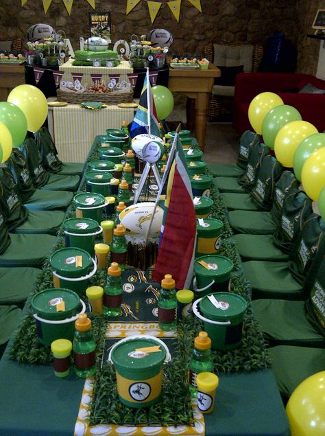 Pick & Party - Springbokke Theme Springbok Party Ideas, Rugby Birthday Party Ideas, Springbok Rugby Cake, Rugby Party Ideas Kids, Rugby Theme Party Ideas, Springbok Rugby Theme Party Ideas, Springbok Rugby Party, Rugby Party Ideas, Cubicle Birthday Decorations