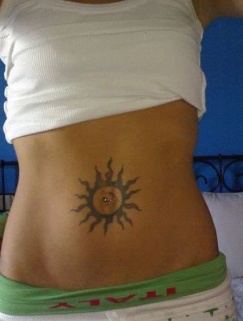 Sun Tattoo Ideas For Women, Tattoo Navel, Sun Tattoo Ideas, Belly Button Tattoos, Lower Belly Tattoos, Belly Button Tattoo, Lower Stomach Tattoos, Tattoo Sonne, Button Tattoo