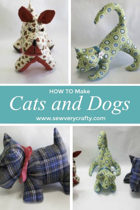 How to make these adorable cats and dogs. Here is a complete pattern and tutorial on how to make these adorable cats and dogs.  They are simple to make even if you don't have any experience making stuffed animals. #sewingtutorial #sewingproject #sewingpattern Easy Sew Stuffed Animals Free Pattern, Patchwork Stuffed Animal Patterns Free, Cat Stuffed Animal Pattern Free Sewing, Dog Sewing Patterns Free Stuffed Animals, Dog Patterns Sewing, Cat Sewing Pattern Free, Memory Dog Pattern, Dog Stuffed Animal Pattern, Stuffed Dog Pattern Free Sewing