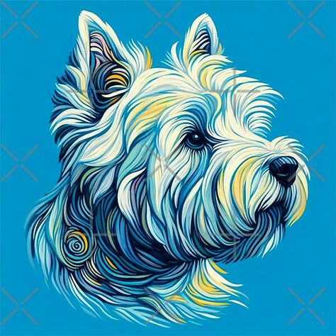 Star Fragment, Westie Art, Textile Gifts, Van Gogh Style, Highland Terrier, Highlands Terrier, West Highland Terrier, West Highlands, Beginner Painting