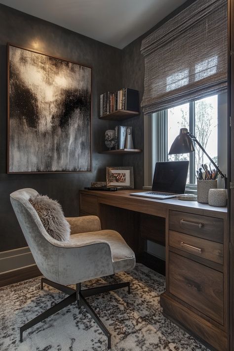 Office Decor Dark Walls, Navy And Grey Office, Writers Office Workspaces, Men’s Work Office Ideas, Office Decor Dark, Mountain Office, Dark Grey Office, Men’s Home Office, Witchy Office