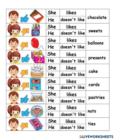 Family And Friends Worksheet, Like Likes Worksheet, Family And Friends 1 Worksheet, Supplements Design, Do Like, Some Any, Family Worksheet, Grammar For Kids, English Activities For Kids