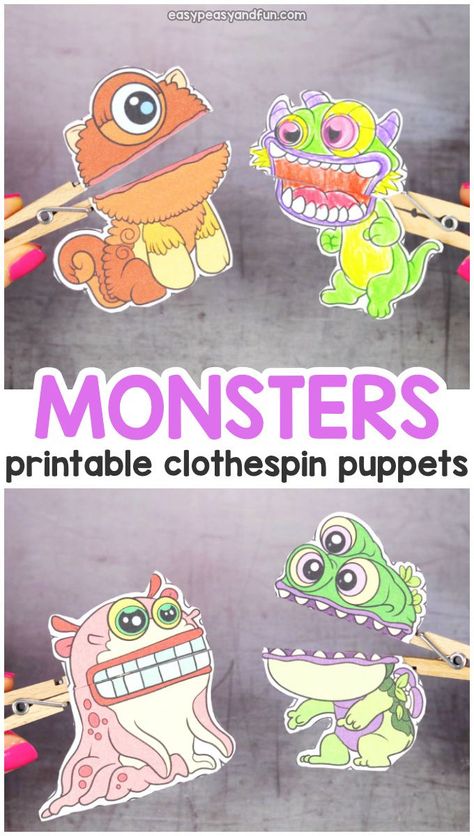 Printable Monsters Clothespin Puppets for Kids Monster Template, Clothespin Puppets, Halloween Clothespin, Monster Clothes, Mask Templates, Monster Puppet, Puppets For Kids, Paper Party Decorations, Puppet Crafts