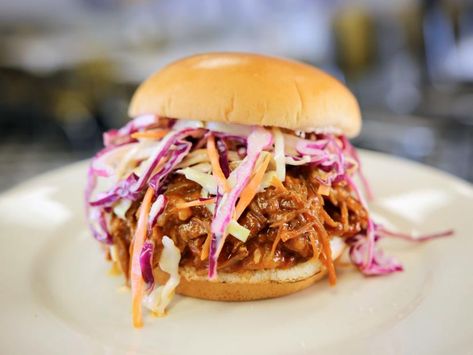 Pulled Pork Sandwich with BBQ Sauce and Coleslaw Recipe | Amanda Freitag | Food Network Coleslaw Recipe For Pulled Pork, Cabbage Coleslaw Recipe, Recipe For Pulled Pork, Red Cabbage Coleslaw, Cabbage Coleslaw, Slaw Recipe, Pork Sandwich, Pulled Pork Sandwich, Cabbage Slaw