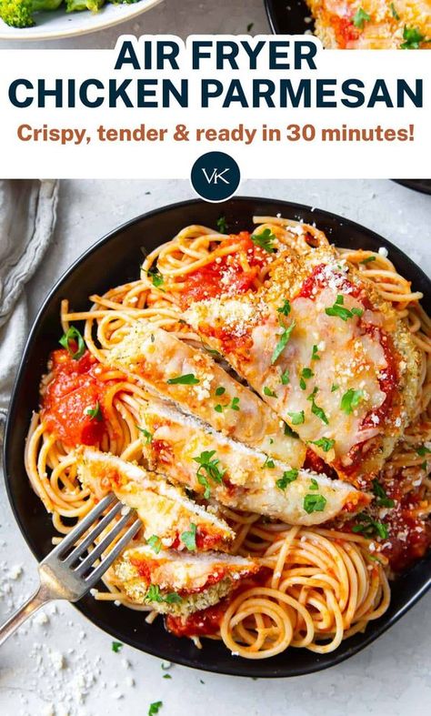 Once you learn how to make Chicken Parmesan in the air fryer you may never go back to traditional methods. This Easy Air Fryer Chicken Parmesan recipe is crispy, tender, and perfectly cooked every time! Air Fryer Chicken Parmesan Recipe, Crispy Chicken Parmesan, Air Fryer Chicken Parmesan, Easy Air Fryer Chicken, Chicken Parmesan Recipe Easy, Chicken Parmesan Recipe, Parmesan Recipe, Easy Chicken Parmesan, Air Fryer Oven Recipes