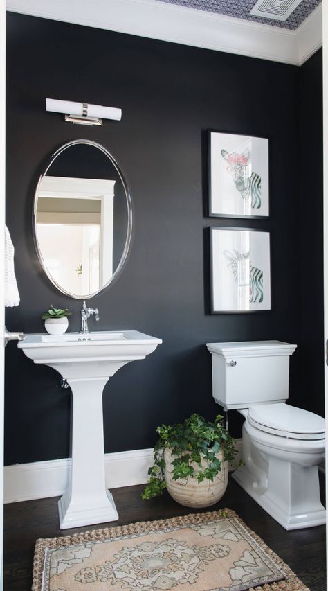 57+ Black Bathroom Ideas ( COOL & DRAMATIC ) - Stylish Bathrooms Half Bath Remodel, Powder Room Remodel, Half Bathroom Decor, Powder Room Decor, Powder Room Design, Small Bathroom Makeover, Powder Rooms, Stained Wood, Small Bathroom Decor