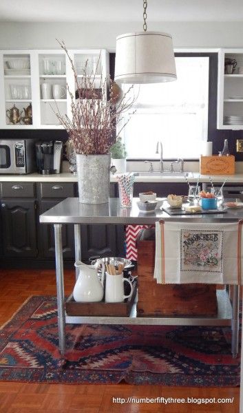 Love this house tour of Number Fifty Three and the gorgeous kitchen - mismatched cabinets, open shelving and stainless island!  eclecticallyvintage.com Mismatched Cabinets, Kitchen Island Table Combination, Stainless Steel Kitchen Island, Island Table, Kitchen Island Table, Eclectic Kitchen, Stainless Steel Table, Gorgeous Kitchens, Kitchen Redo