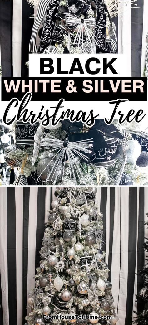 Elegant and modern black, white, and silver Christmas tree. Silver And Gray Christmas Tree, Black And Silver Flocked Christmas Tree, Black White Silver Christmas Tree Decor, Black And Silver Christmas Tree Decor, Black White And Gold Christmas Tree Decorations, Black White Christmas Tree Decorations, White Tree With Silver Decorations, Black White And Gold Christmas Tree Decorating Ideas, Flocked Christmas Tree With Black Ornaments