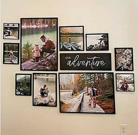 Inspiration for a gallery wall adventure themed Wall In Living Room Ideas, Picture Wall Layout, Photo Gallery Wall Layout, Family Photos Wall, Photos Wall Decor, Entryway Gallery Wall, Travel Display, Family Photos Wall Decor, Picture Wall Living Room