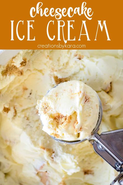 Have a hard time choosing between ice cream and cheesecake? With Cheesecake Ice Cream, you get the best of both worlds! It's rich, creamy, and has the perfect tangy cream cheese flavor. #cheesecakeiecream #creamcheeseicecream #homemadeicecream #icecreamrecipe #creamcheese -from Creations by Kara Cream Cheese Ice Cream Recipe, Cheesecake Ice Cream Recipe, Homemade Ice Cream Recipes Machine, Kitchen Aid Ice Cream, Strawberry Cheesecake Ice Cream, Ice Cream Recipes Machine, Cheesecake Ice Cream, Making Homemade Ice Cream, Homemade Cheesecake