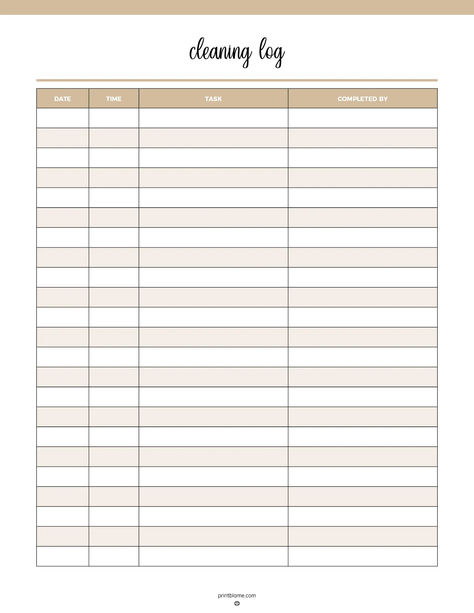 Cleaning Log Printable with sections for date, time, task, and completed by, ideal for tracking cleaning tasks. Cleaning Routines, Cleaning Checklists, Journaling Digital, Cleaning Planner, Record Cleaner, Bullet Journal Printables, Planners Printables, Cleaning Tasks, Planning Printables