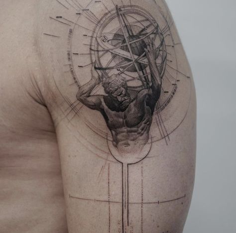 Cool Art Tattoos, Atlas Tattoos, Ancient Greek Tattoo, Microrealism Tattoo, Greek God Tattoo, Atlas Tattoo, Unique Tattoos For Men, Cool Shoulder Tattoos, Ancient Tattoo