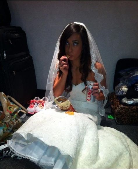 AJ in wedding dress eating chips and drinking soda Aj Lee, Wwe, Wedding Dress