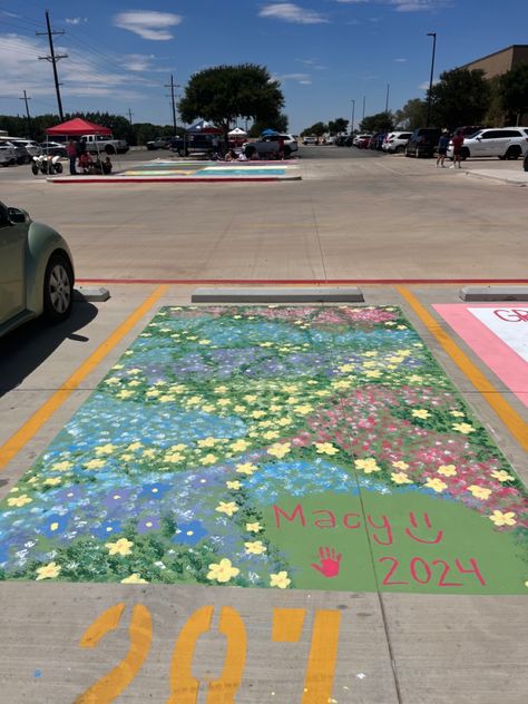 Senior Parking Painting, Floral Senior Parking Spot Painting, Senior Parking Spaces Flowers, Parking Lot Painting Senior, Flower Senior Parking Spots, Senior Parking Space Ideas 2024, Christian Senior Parking Spots, Paint Parking Spot High School, Senior Spot Ideas