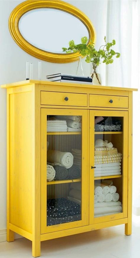 Yellow Cabinets, Ikea Hemnes, Linen Cabinet, Furniture Trends, Furniture Painting, Diy Picture, Cool Ideas, Ikea Furniture, Bathroom Cabinets