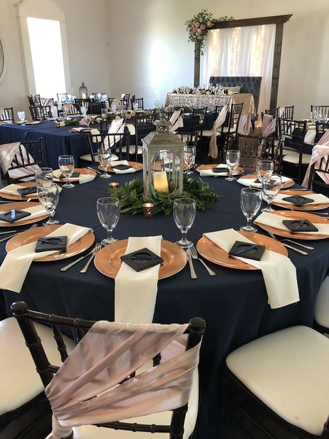 Navy Blue And Rust Wedding Centerpieces, Navy Blue Dinner Table Decor, Navy Bronze Wedding, Navy And Copper Wedding Centerpieces, Navy Blue And Rust Wedding Table Decor, Navy Blue And Copper Wedding Table Decor, Navy Blue And Copper Wedding Table Settings, Terracotta And Navy Wedding, Copper Party Decor