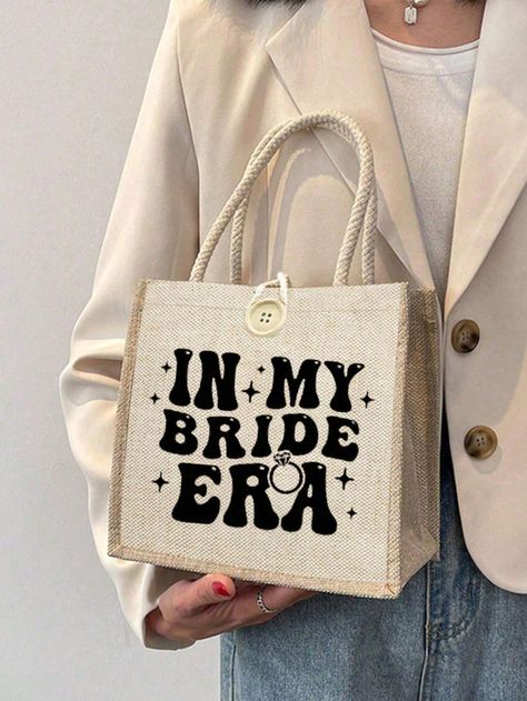 1pc "In My Bride Era" Letter Print Linen Handbag, Linen Button Decoration Handbag, Bridesmaid Gift, Simple Large Capacity Handbag, Portable Casual Storage Handbag, Multifunctional Shopping Bag, New Design, Large Capacity, Ideal For Shopping, Suitable For Wedding, Women, Dating, Back To School, Beach, Commuting, Picnic, Camping, Etc. Khaki Casual,Preppy,Vacation   Polyester Colorblock,Geometric,Letter,Plants Shoulder Tote Bag,Top Handle Bag   Women Bags, size features are:Bust: ,Length: ,Sleeve Length: Bride Era, Trending Totes, Preppy Vacation, Linen Handbags, Wedding Women, Button Decorations, Women Dating, Retro Hairstyles, Unique Crochet