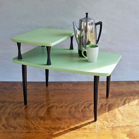 Mid Century Modern 2 Tiered End Table - Side Table - Melon Green ... Tiered End Table, Two Tier Side Table, Side Table Makeover, Painted Side Tables, Mcm Furniture, Diy End Tables, Table Makeover, Style Deco, Mid Century Modern Decor