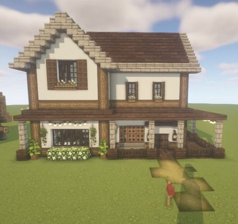 Easy Minecraft Farmhouse, Minecraft White Concrete House, Farmhouse Ideas Minecraft, Minecraft 3 Person House, Minecraft Wooden House Tutorials, Minecraft House 2 Story, Medium Size Minecraft Houses, Two Story House Minecraft, Minecraft Houses Cottagecore Tutorial