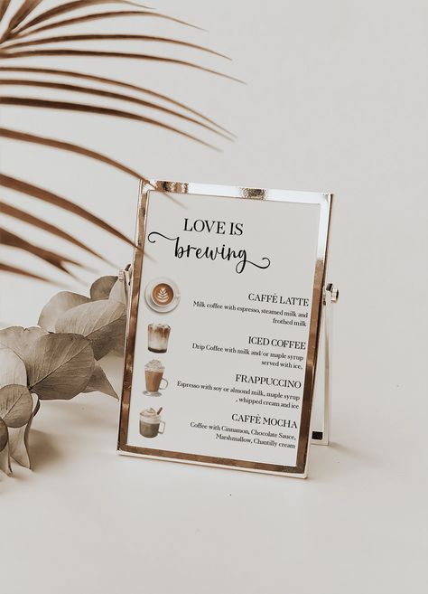 "This Beautiful Editable Coffee Menu Template is perfect for almost any occasion. Included but not limited to Weddings, Bridal Shower, Bachelorette Parties, Holiday Parties, and Birthday Parties. Choose from 60+ coffee illustrations and customize the design to make it your own. Available for INSTANT EDIT AND DOWNLOAD USING CORJL. **50% OFF ANY THREE ITEMS USE CODE: PLP50** TRY BEFORE YOU BUY FREE DEMO LINK Copy and paste this link into your browser: https://www.corjl.com/d/BEO03 PLEASE NOTE that Coffee Wedding Ideas, Coffee Bar Menu Ideas, Coffee Wedding Bar, Coffee Bar At Party, Coffee Bar Party Ideas, Coffee Bar For Party, Love Is Brewing Bridal Shower Decor, Coffee Bar Bridal Shower Ideas, Wedding Coffee Station