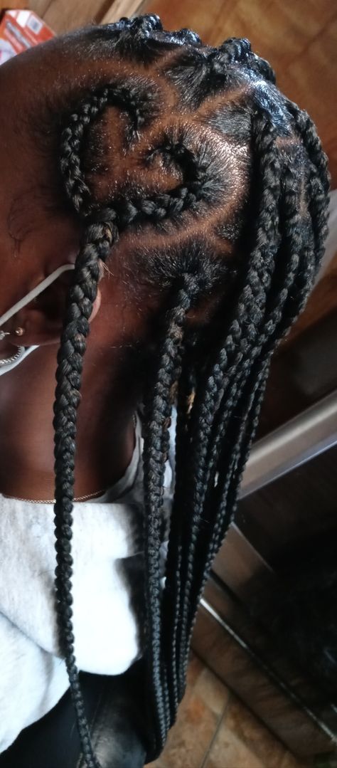 Jumbo Knotless Box Braids With Heart, Box Braids With Heart Design, Knotless Box Braids With Heart, Box Braids With Heart, Heart Box Braids, Braids With Heart Design, Heart Braided Hairstyles, Knotless Braids With Heart, Braids With Heart