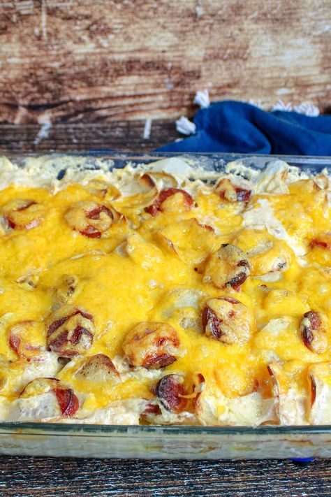 Scalloped Potatoes with Smoked Sausage Potato Smoked Sausage Onion Cheese Casserole, Scalloped Potatoes With Sausage, Smoked Sausage And Potatoes, Smoked Sausage Casserole, Creamy Potato Bake, Dinner Favorites, Main Dish Casseroles, Polish Sausage, Sausage Casserole