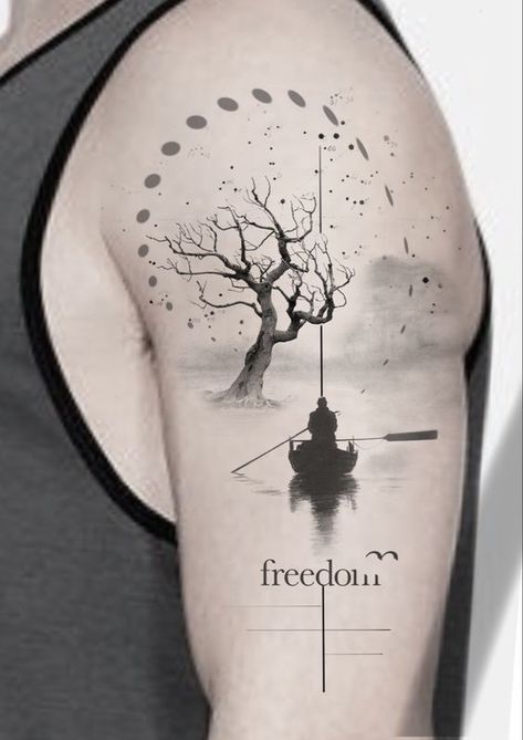 Man In Boat Tattoo, Freedom Tattoo Ideas Men, Mens Tatoos Ideas Arm, Symbol Of Freedom Tattoo Ideas, Boat Tattoo Men, Freedom Tattoo Men, Boat Tattoo Design, Freedom Tattoo Ideas, Tattoos Freedom