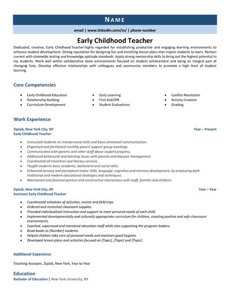 Early Childhood Teacher Resume Example & GuideYour complete guide on how to write a resume: a professional resume example, expert advice, and an ATS-friendly resume template. Preschool Teacher Resume Examples, Preschool Teacher Resume, Teacher Resume Examples, Write A Resume, Professional Resume Examples, Ats Resume, Swim Instructor, Education Resume, Interview Advice