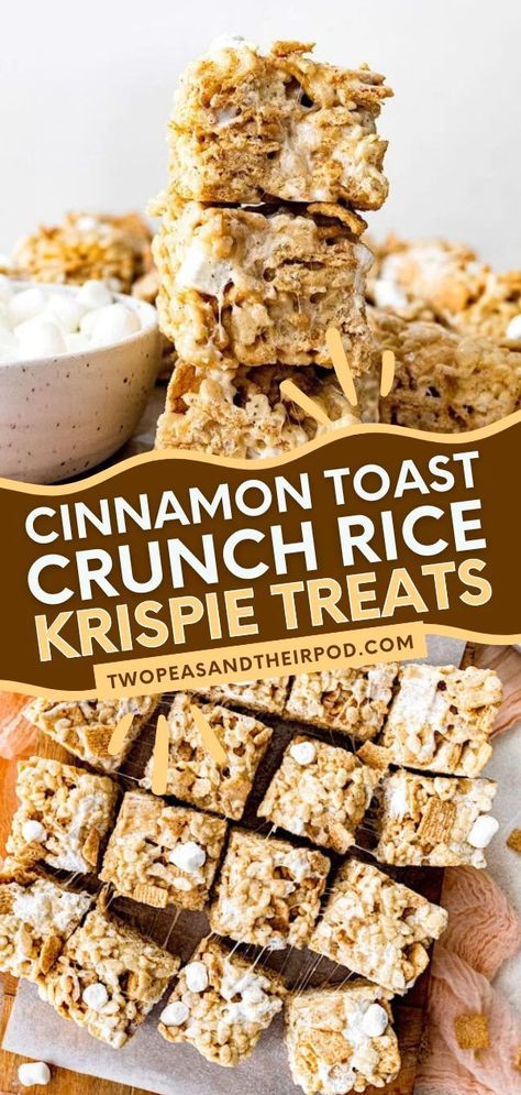 Cinnamon Toast Crunch Rice Krispie Treats are a quick and easy dessert that starts with Rice Krispie Treats, browned butter, and Cinnamon Toast Crunch! Add these no-bake treats to your favorite dessert recipes! Rice Crispy Treats With Cinnamon Toast Crunch, Cinnamon Rice Crispy Treats, Brown Butter Cinnamon Toast Crunch Treats, Breakfast Rice Crispy Treats, Cinnamon Crunch Rice Krispies, Desserts With Cinnamon Toast Crunch, Cinnamon Toast Rice Krispie Treats, Rise Crispy Treats Ideas, Cinnamon Roll Rice Krispie Treats