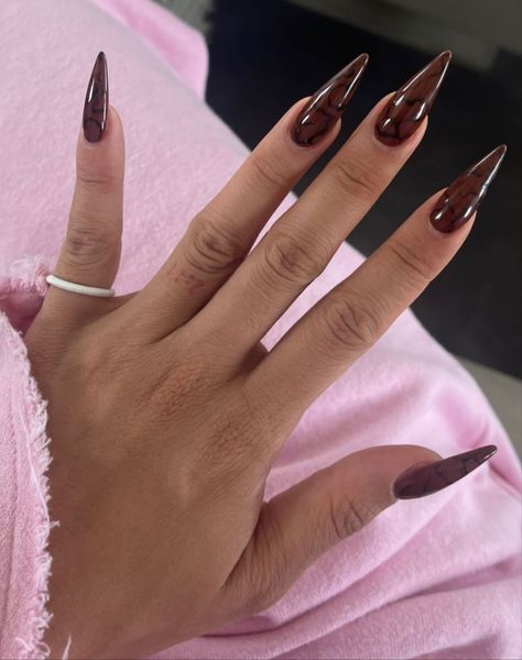 Long Brown Almond Nails, Cute Pointy Nails, Brown Nails Stiletto, Brown Stiletto Nails, 2025 Nails, Oval Shaped Nails, Brown Acrylic Nails, Pointy Nails, Plain Nails